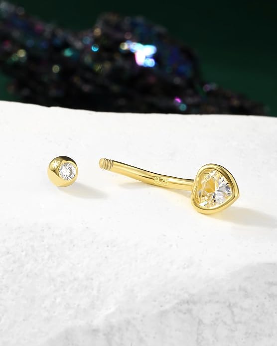 COCHARM 14K Gold Plated 925 Sterling Silver Belly Button Ring - Dainty Heart Navel Piercing Jewelry for Women