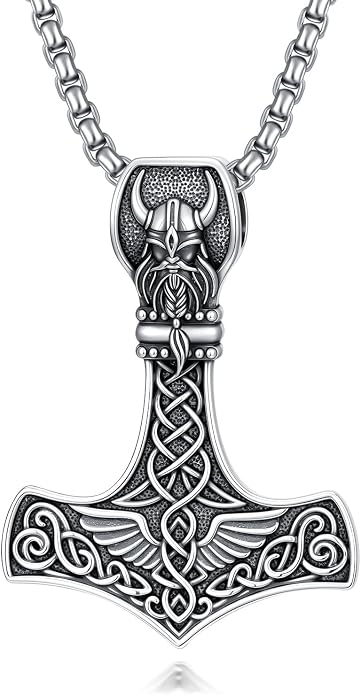 PROESS Thors Hammer Necklace Sterling Silver Celtic Knot Wolf/Lion/Raven Necklace Viking Mjolnir Pendant Jewelry for Men