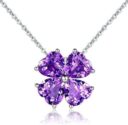 JIANGXIN Colorful Birthstone 925 Sterling Silver Handmade Pendant Necklace for Women Lucky Four Leaf Clover Plant Shamrock Jewelry Rhodium Plated