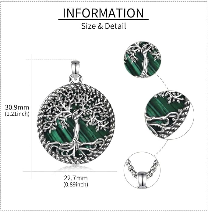 Tree of Life Necklace 18K White Gold Plated Turquoise/Pearl Shell/Malachite/Abalone Shell/Blue Opal/Black Onyx Tree Necklace Jewelry Gift for Women Men,22+2"