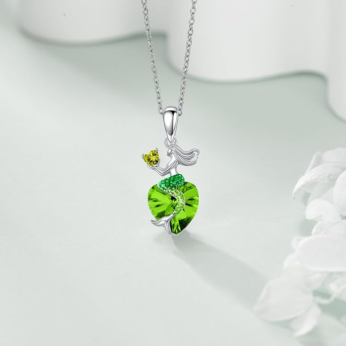 Mermaid Birthstone Necklace for Women 925 Sterling Silver Jewelry Austrian Crystal Pendant Christmas Gifts for Her