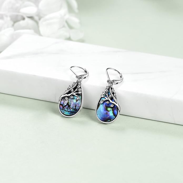 AXELUNA Tree of Life Earrings Sterling Silver Teardrop Abalone Shell Dangle Leverback Earringgs Gifts for Women Girls