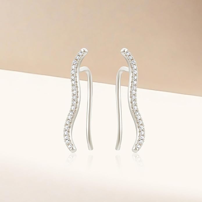 925 Sterling Silver Ocean Wave Crystals Ear Cuffs Climber Cartilage Earrings for Women, Dainty White CZ Trendy Earring Jewelry Hypoallergenic Fashion Earring Jewelry Gift for Birthday Wedding