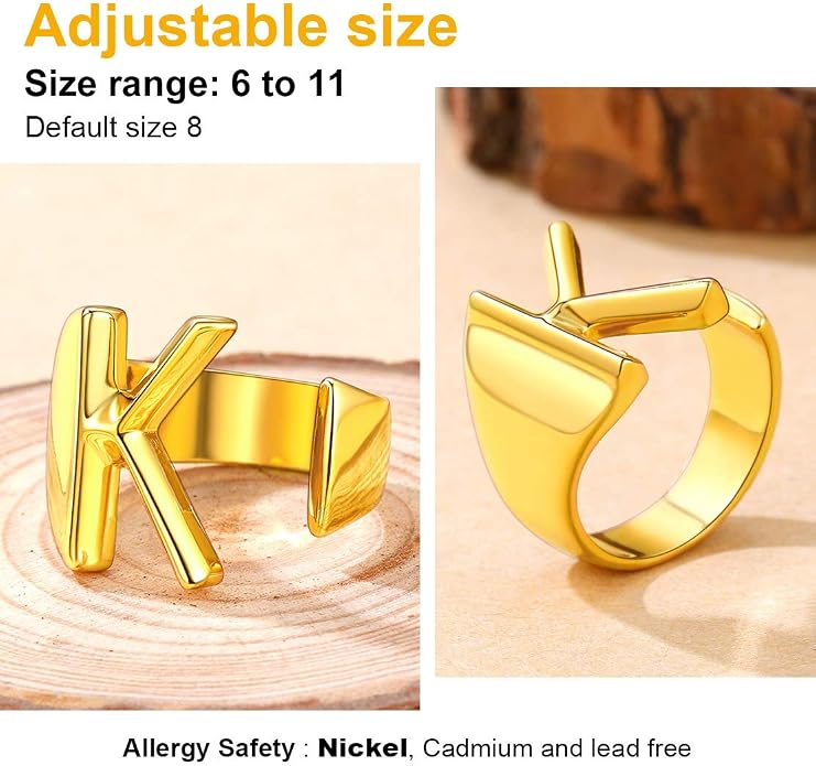 FindChic Customizable Initial Ring Statement 18K Gold Plated Fashion Cuff Rings for Women Alphabet Letter A to Z Resizable Knuckle Ring (with Gift Box)