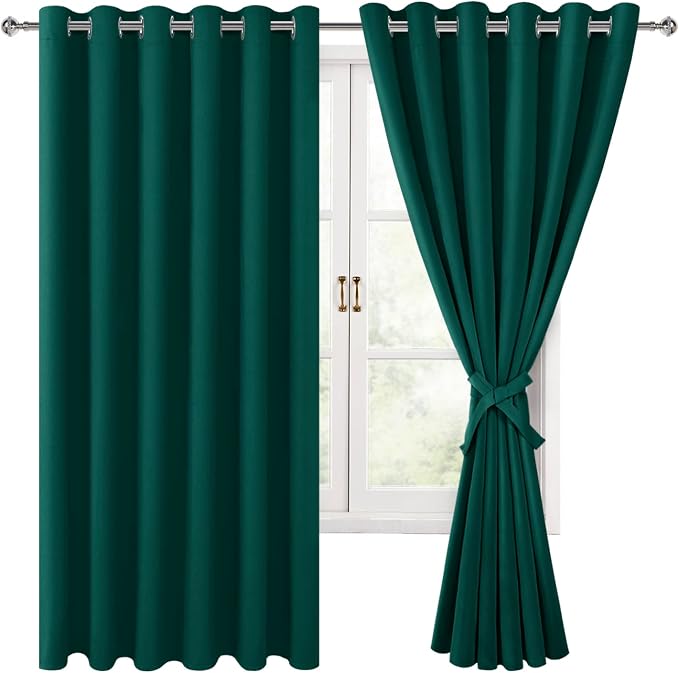 Hiasan Room Darkening Curtains for Bedroom, 70 x 63 Inches - Thermal Insulated & Energy Saving Window Drapes for Living Room/Dorm Room, Set of 2 Panels Sewn with Tiebacks, Hunter Green