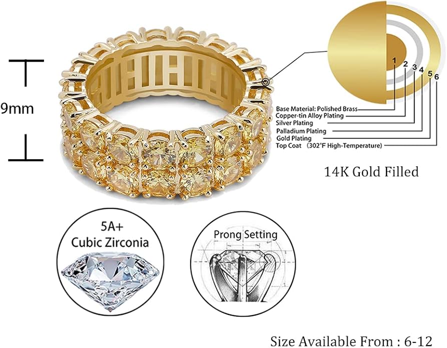 TOPGRILLZ 2-Row Cubic Zirconia Band Ring for Men & Women, 14K Gold Plated Brass, 9 mm Wide Iced-Out Eternity, Sizes 6-12, Golden or Silvery
