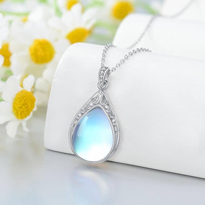 HPQQ Teardrop Necklace 925 Sterling Silver Filigree Gemstone Pendant Necklace Fine Jewelry Birthday Mother's Day Gifts for Women Her Mom