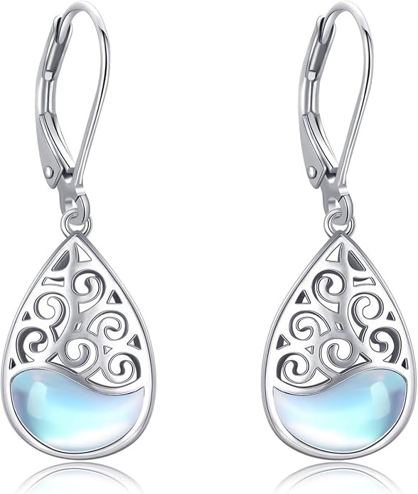Filigree Teardrop Dangle Earrings Sterling Silver Filigree Moonstone Leverback Earrings Jewelry for Women