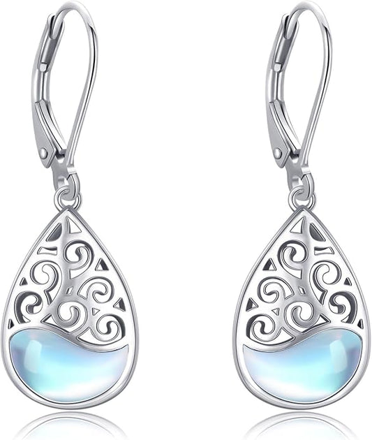 Filigree Teardrop Dangle Earrings Sterling Silver Filigree Moonstone Leverback Earrings Jewelry for Women