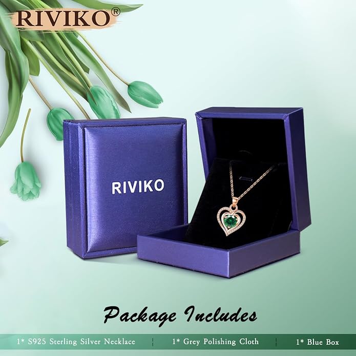 RIVIKO Heart Birthstone Pendant Necklace for Women 925 Sterling Silver Zirconia Necklaces Valentine's Day Anniversary Birthday Mothers Day Jewelry Gifts For Her Mother Wife