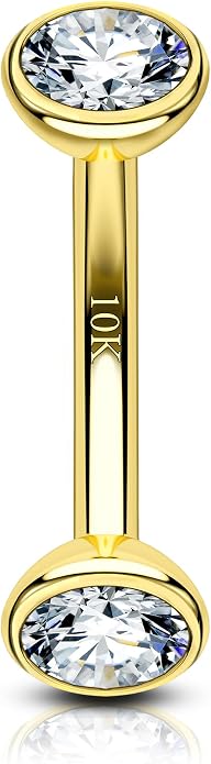 COCHARM 10K Solid Gold Belly Button Rings Internal Thread 10K Real Gold Belly Navel Rings Double CZ 10kt Yellow Gold Navel Piercing Jewelry 14g For Women Men