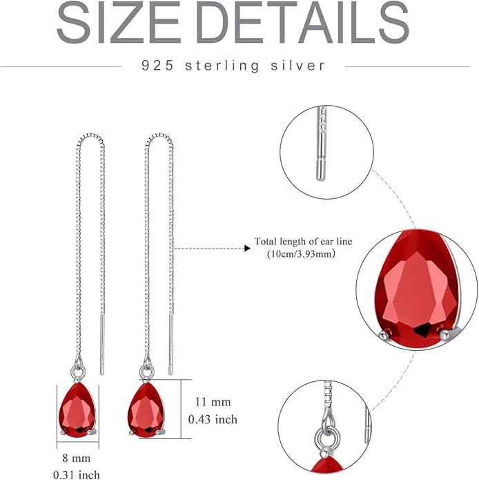925 Sterling Silver Threader Drop Long Box Chain Ear Line Earrings with 11 * 8mm Birthstone Crystals, Birthday Jewelry Gifts for Women