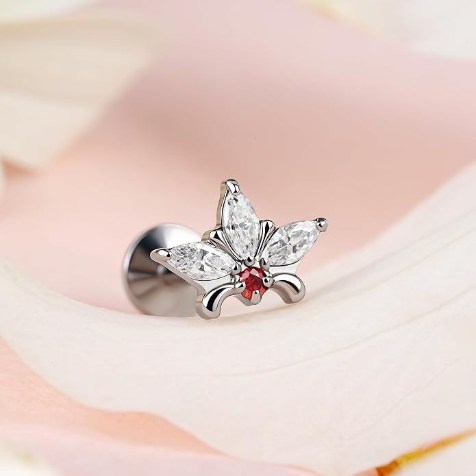 FINE4U ASTM F136 Titanium Piercing Jewelry Stud - 16G 6mm 8mm Triple Marquise Lotus Flower Cartilage Earring, Hypoallergenic Flatback Bridal Jewelry