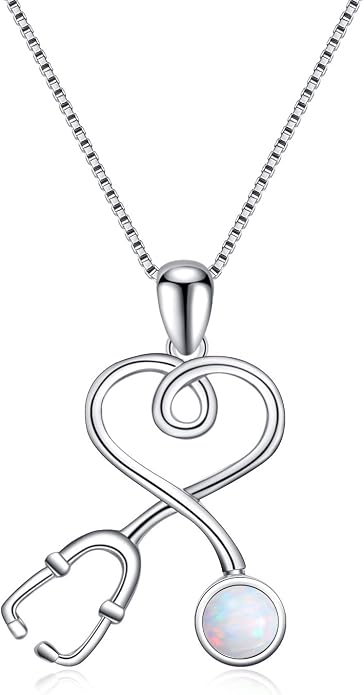 AOBOCO Stethoscope Necklace 925 Sterling Silver Embellished with 12 Months Birthstone Crystals from Austria, Graduation Gifts Medical Jewelry for Doctor Nurse Medical Student RN