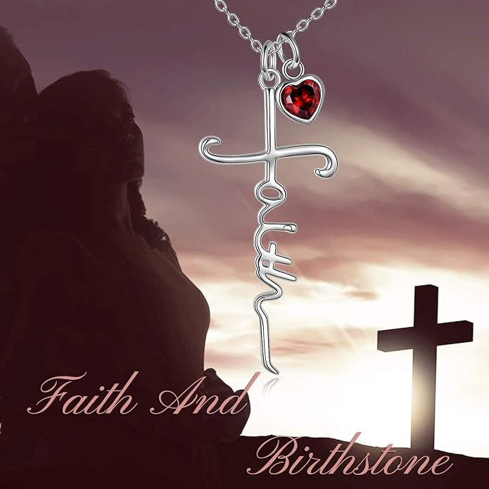 Faith Cross Necklace For Women Birthstone Sterling Silver with Simulated Birthstone Cross Jewelry Christian Gifts