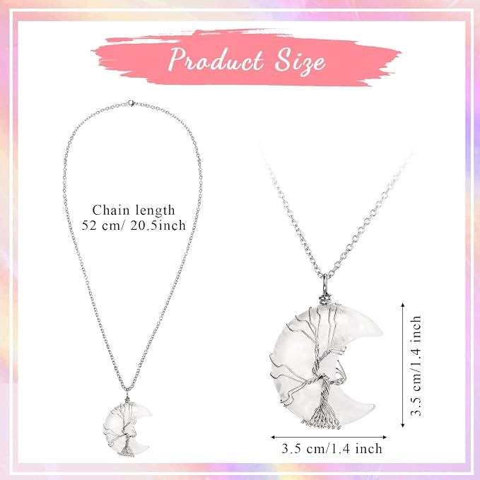 Sherr 15 Pcs Life Tree Crescent Moon Necklace Wire Wrap Natural Gemstones Pendant Healing Crystal Necklaces Reiki Spiritual Multicolored Jewelry Gift for Women