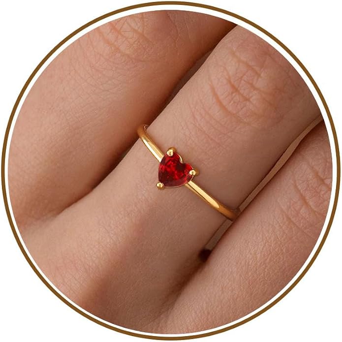 WFYOU Gold Heart Birthstone Rings for Women 14K Gold Plated Non Tarnish Stackable Pinky Cubic Zirconia Rings Emerald Dainty Gemstone Thumb Ring Band Cute Jewelry Birthday Gift Size 5-10