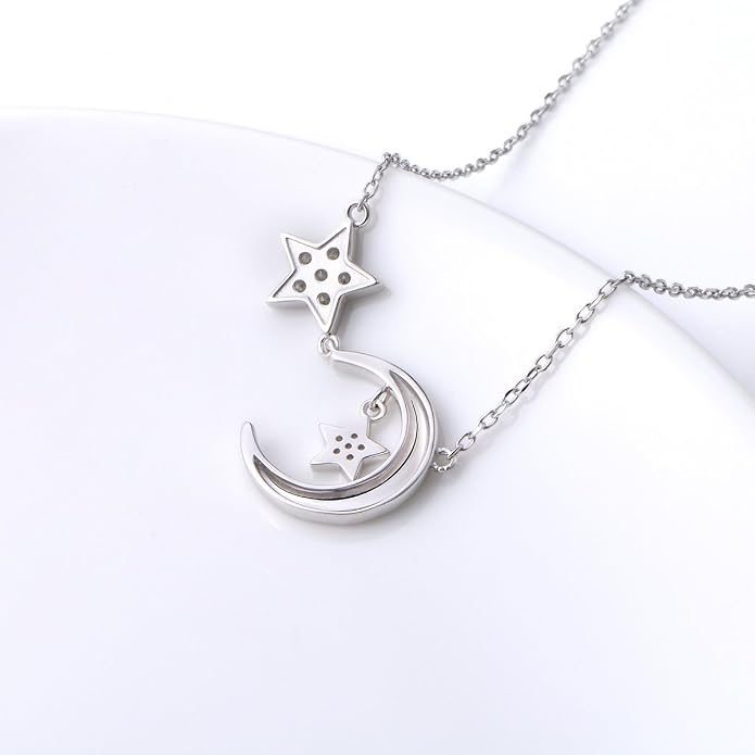 Ladytree 925 Sterling Silver Jewelry Crescent Moon and Star Pendant Necklace