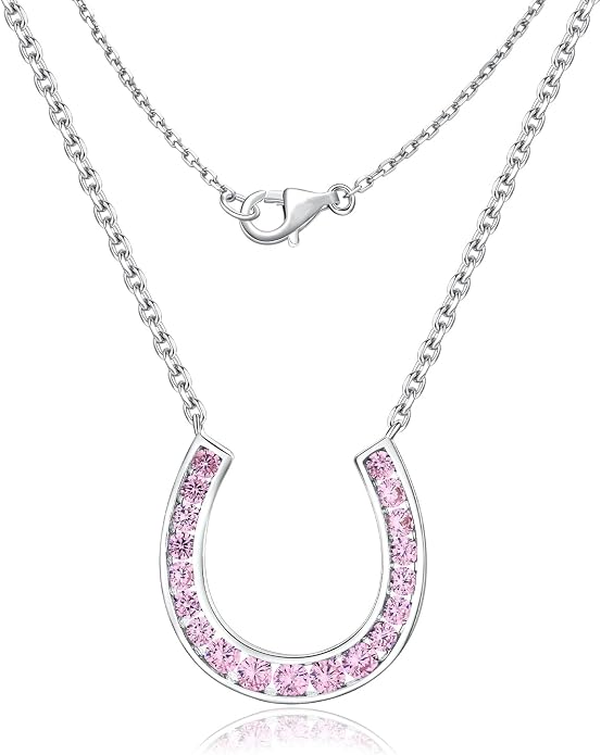 Luck Horseshoe Necklace 14K Gold Plated/Sterling Silver Created Gemstone Pendant with Chain Channel Set U Shaped Charm Necklace Birthstone Jewelry