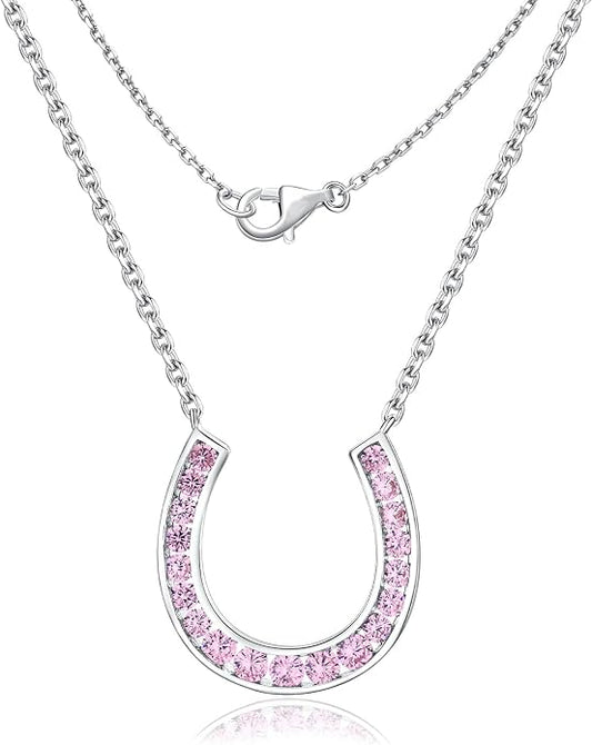 Luck Horseshoe Necklace 14K Gold Plated/Sterling Silver Created Gemstone Pendant with Chain Channel Set U Shaped Charm Necklace Birthstone Jewelry