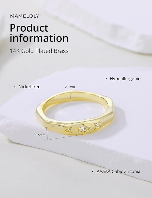 Mameloly 2.5mm 14K Gold Plated CZ Wedding Bands for Women Dainty Stackable Tiny Signet Ring Statement Rings for Her Size 3-10