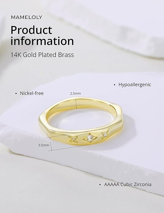 Mameloly 2.5mm 14K Gold Plated CZ Wedding Bands for Women Dainty Stackable Tiny Signet Ring Statement Rings for Her Size 3-10