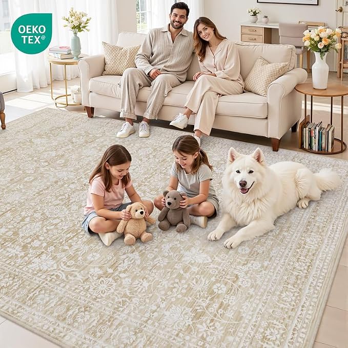 6x9 Area Rugs for Living Room: Vintage Boho Neutral Washable Rug Indoor Soft Large Area Rug Carpet for Bedroom Nursery Farmhouse Dining Room Office Floor Non-Slip Low Pile Under Table Natural Beige