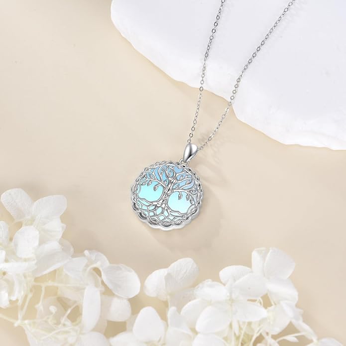 VONALA Tree of Life Necklace 925 Sterling Silver Abalone/Crystal Celtic Knot Family Tree Filigree Pendant Necklace Tree Jewelry Gift Women