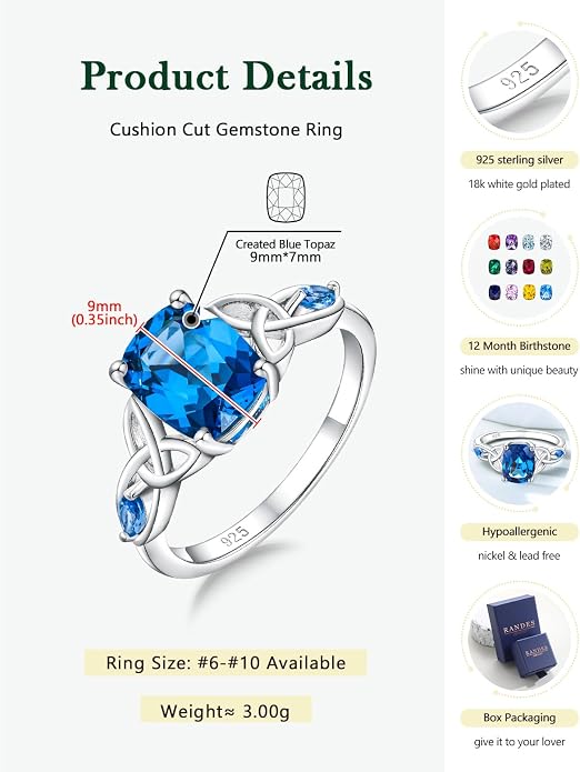 925 Sterling Silver Birthstone Rings for Women Cushion Cut Engagement Celtic Knot Ring Irish Jewelry Created Gemstone Anniversary Rings Size 6-10(with Box)