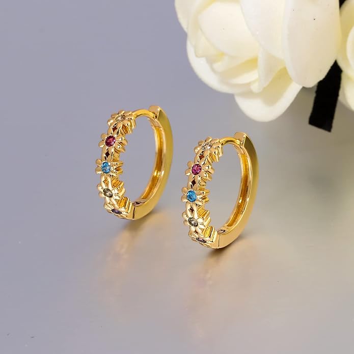CiNily Small Hoop Earrings for Women Girls Flower Cubic Zirconia Huggie Earrings Hypoallergenic 14K Yellow Gold Plated Cartilage Earrings
