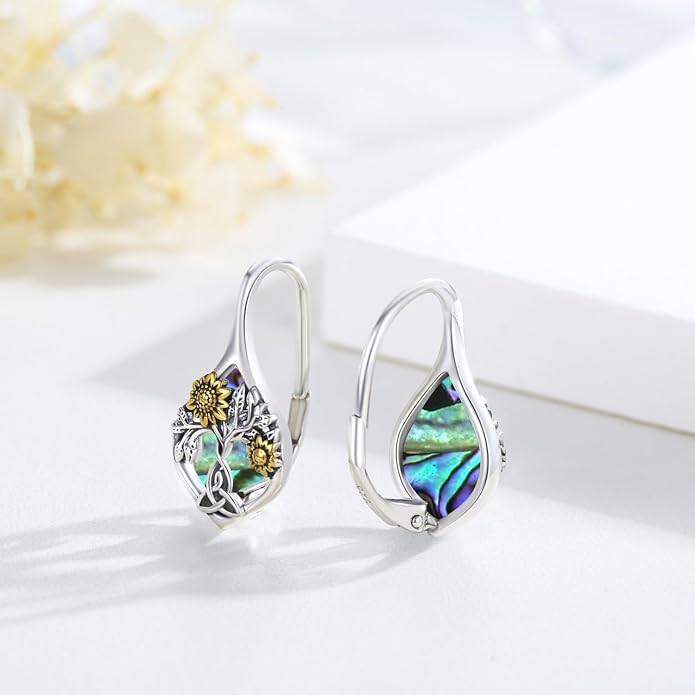 Sunflower Earrings 925 Sterling Silver Sunflower Abalone Shell Earrings Tree of Life Leverback Earrings Jewelry Gifts for Women
