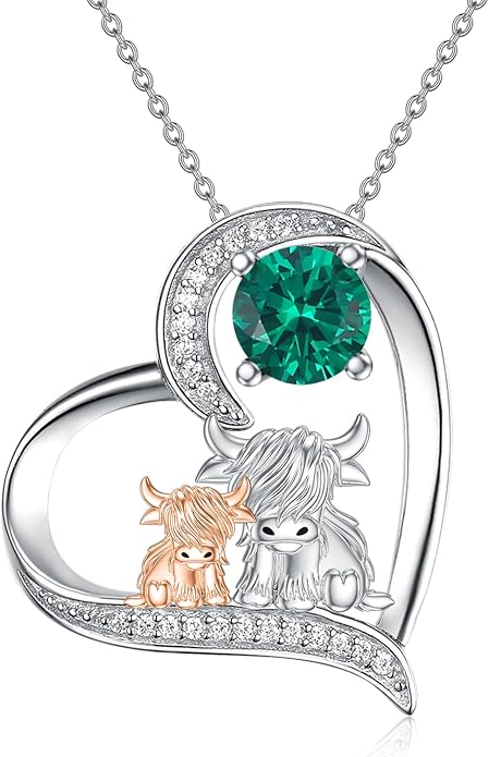 Highland Cow Gifts for Women 925 Sterling Silver Highland Cow Birthstone Necklace Fluffy Cow Jewelry Gifts Birthday Christmas