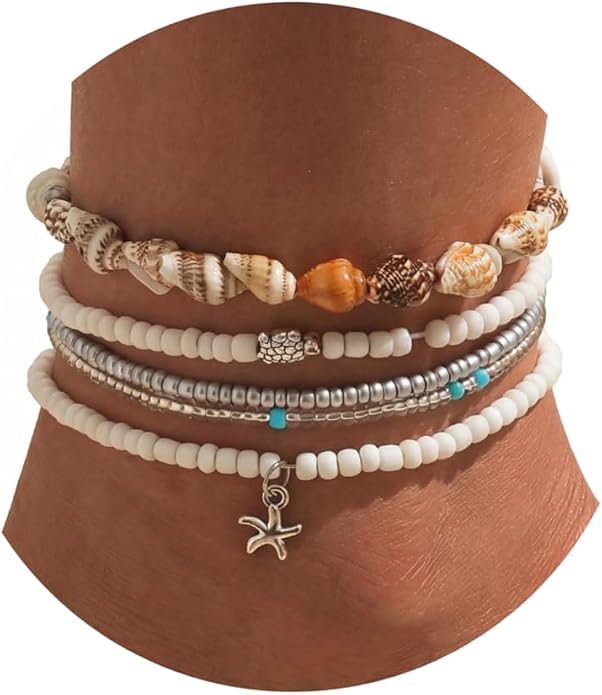 Qceasiy Bead Ankle Bracelets Set For Women, Adjustable Gold Plated Boho Shell Anklet, Hawaiian Beach Seashell Pearl Disc Starfish Conch Foot Jewelry, Summer Fashion Gifts
