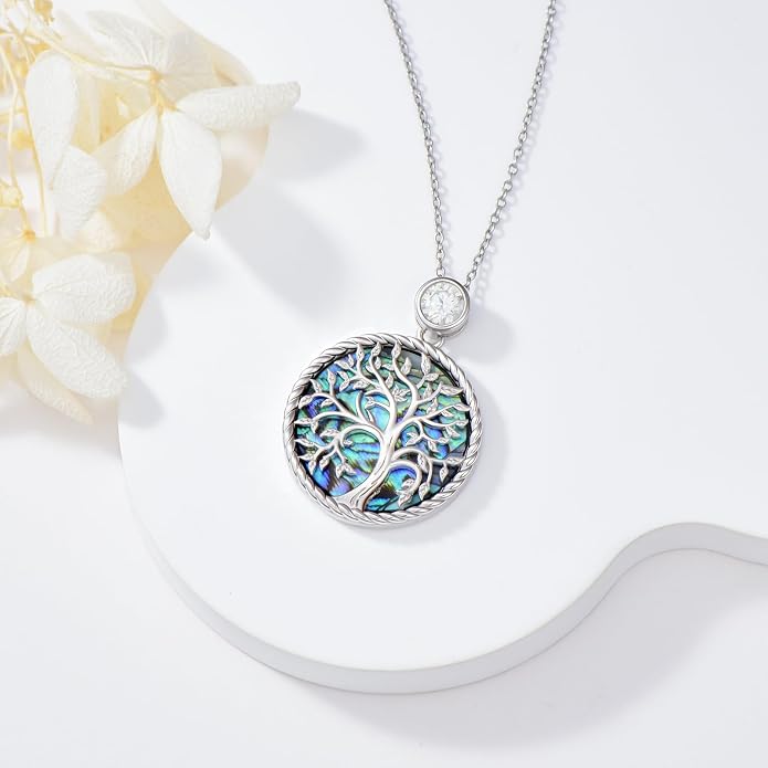 Tree of Life Moissanite Necklace, 925 Sterling Silver 0.5 Carat Moissanite Abalone Shell/Opal/Black Onyx/Turquoise/Malachite/Tiger Eye Stone Tree of Life Pendant Necklaces Jewelry Gift for Women Mom
