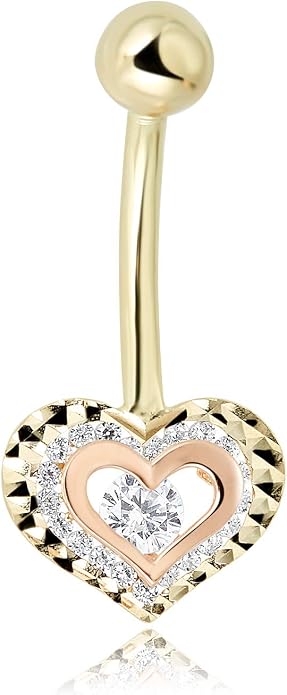 AVORA 10K 2-Tone Gold Simulated Diamond CZ and Diamond-cut Heart Belly Button Ring Body Jewelry (14 Gauge)