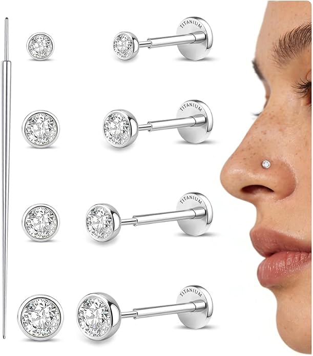 GEMQUEEN 4 Pairs 16G/18G/20G G23 Titanium Implant Grade Nose Studs Threadless Flat Back Earrings Hypoallergenic Flatback 5A CZ Cartilage Helix Tragus Conch Tiny Lip Piercing Jewelry for Women Men