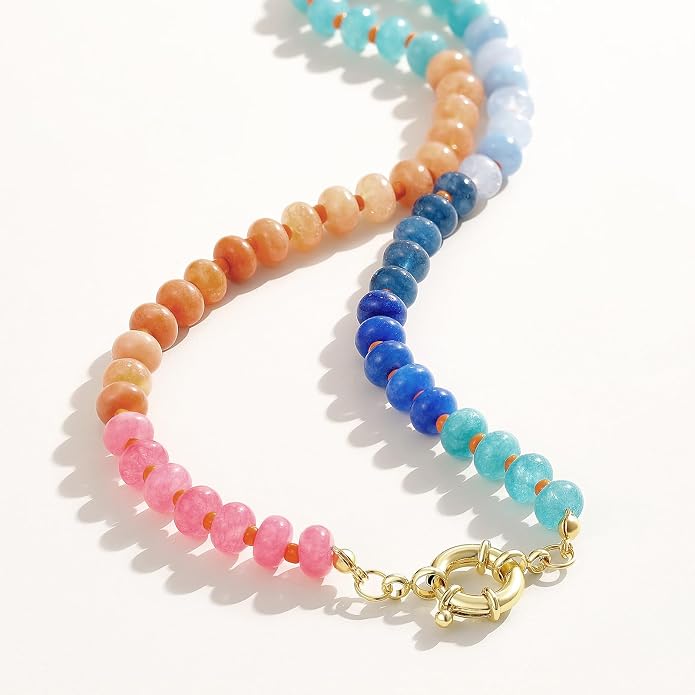 KELORIS PATH Beaded Gemstone Necklaces for Women, Boho Colorful Bead Choker Necklace, Natural Stone Handmade Summer Jewelry for Beach
