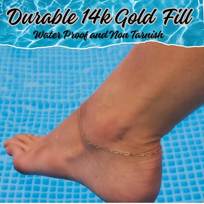 14K Gold Filled Anklet for Women – Figaro & Cable Chain Gold Ankle Bracelet, Waterproof Non Tarnish Dainty Adjustable Anklets for Women, Hypoallergenic Summer Beach Foot Jewelry, Mothers Day Birthday Gift for Women