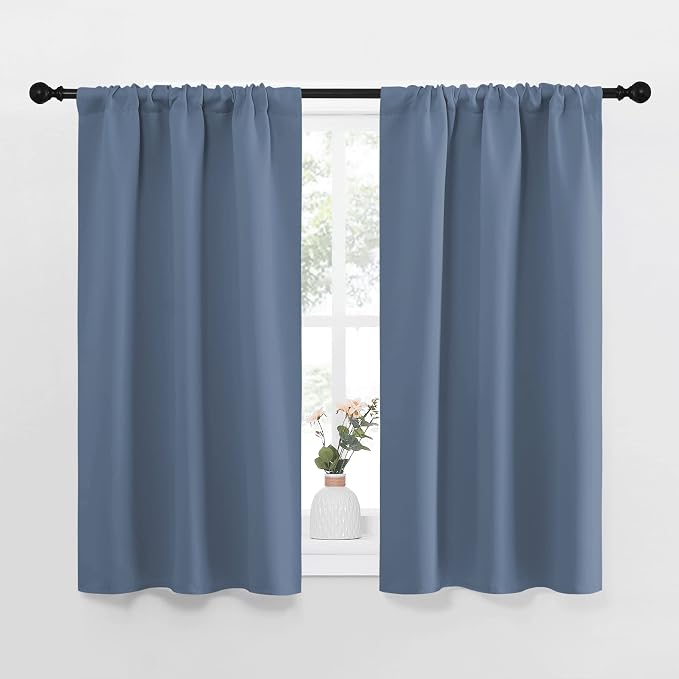 NICETOWN Kitchen Curtains, Short Blackout Curtains & Drapes, Thermal Insulated Blackout Curtain Panels for Kids Room, Play Room (Stone Blue, 34" Wide by 45" Long, 2 PCs)