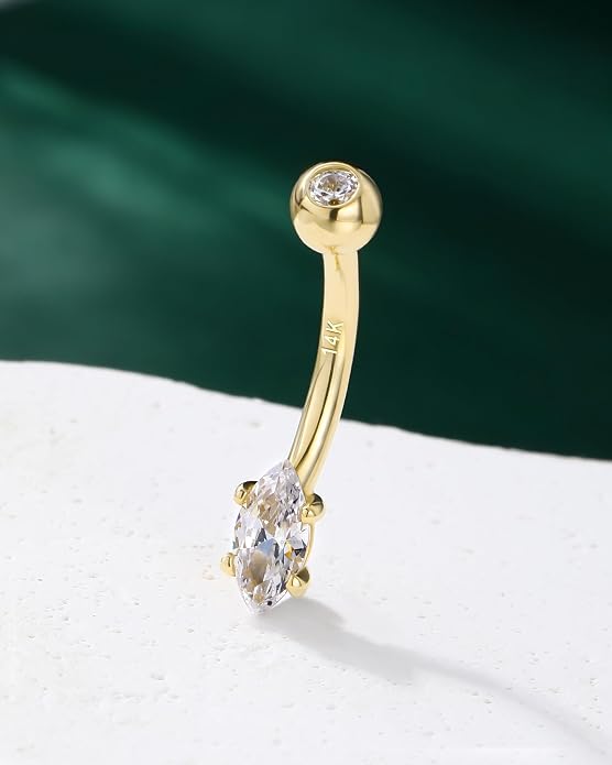 COCHARM 14K Gold Marquise CZ Belly Button Rings - White Yellow Diamond Navel Rings for Women Men - 14G Belly Piercing Jewelry