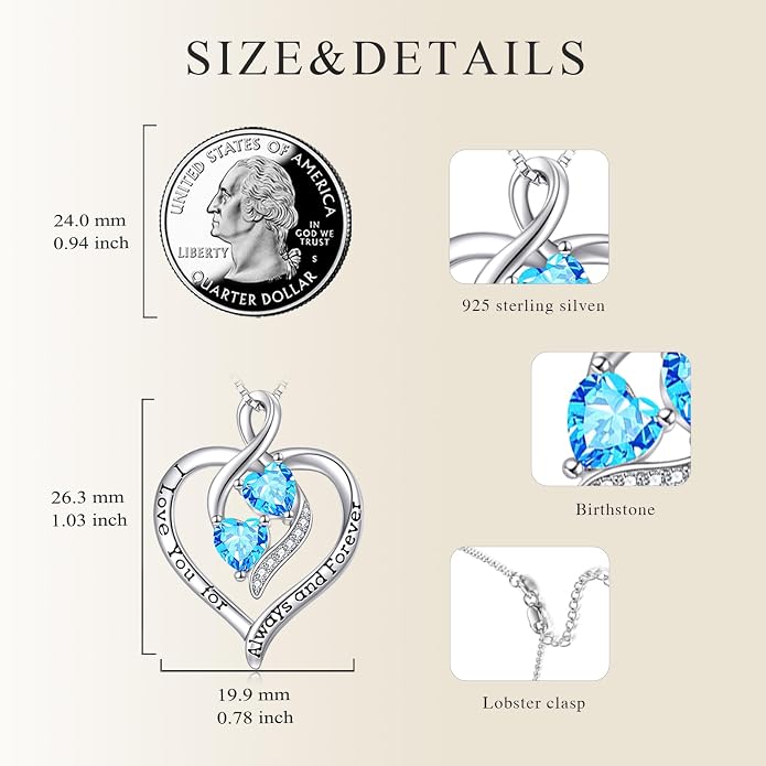 Hancock Forever Love Heart Birthstone Necklaces for Women 925 Sterling Silver Women Pendant Necklace, Mother’s Day Birthday Anniversary Jewelry Gift for Woman Mother Mom Wife Her