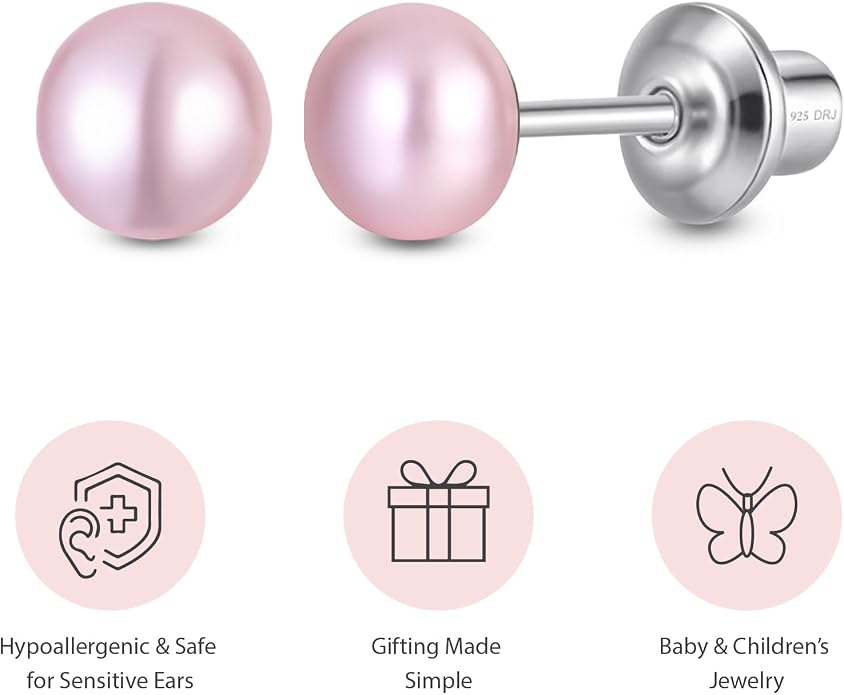 Pearl Screw Back Stud Earrings for Baby, Toddler, Girls | Hypoallergenic 925 Sterling Silver Screwback Safety Earrings | Simulated Pearl Studs for Sensitive Ears | Keepsake Gift for Birthdays Holidays Special Occasions