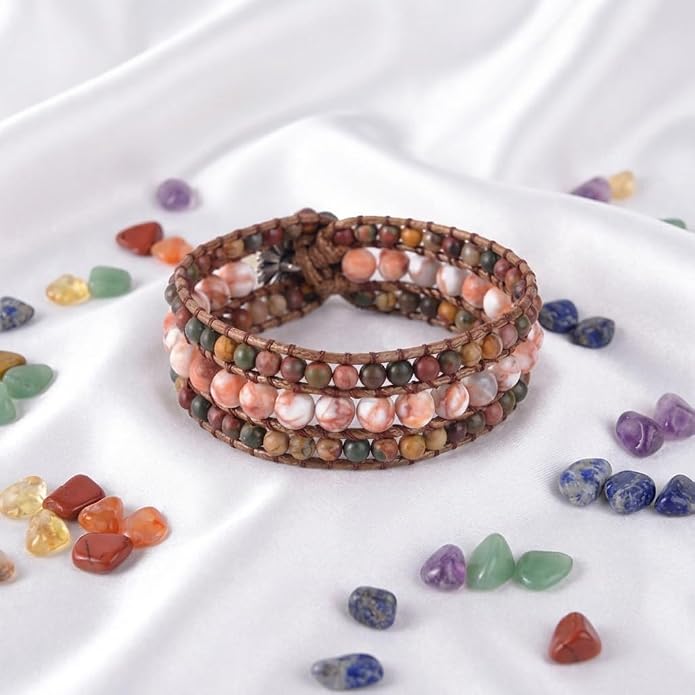 YGLINE Boho Handmade Natural Stone Bead 3 Row Wide Wrap Wrist Statment Bracelet Jewelry Collection