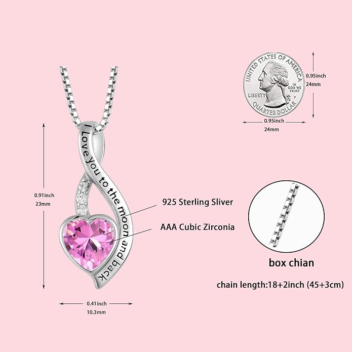 I Love You to The Moon and Back Necklace for Women, 925 Sterling Silver Heart Birthstone Pendant Necklace Jewelry Anniversary Birthday Gifts for Girls Women Wife Mom Daughter