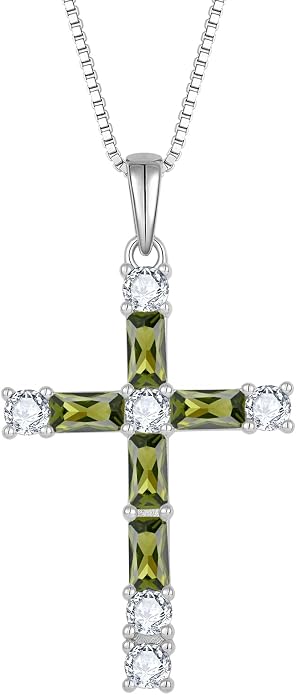 Birthstone Cross Necklace for Women 925 Sterling Silver Christian Religious Crucifix Pendant Rectangular Cut Birthstone Jewelry Gifts for Her