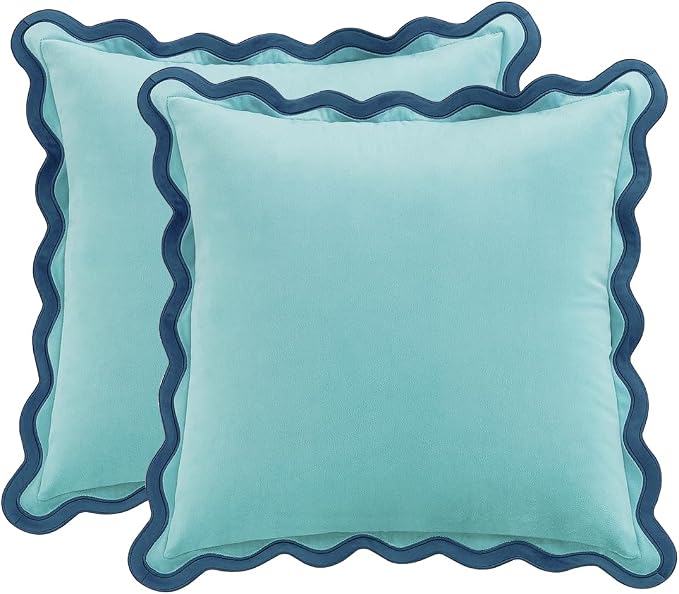 MONDAY MOOSE Decorative Throw Pillow Covers Cushion Cases, Set of 2 Soft Velvet Scalloped Wavy Edge Designs, Mix and Match for Home Decor, Pillow Inserts Not Included (18x18 inch, Blue/Light Blue)