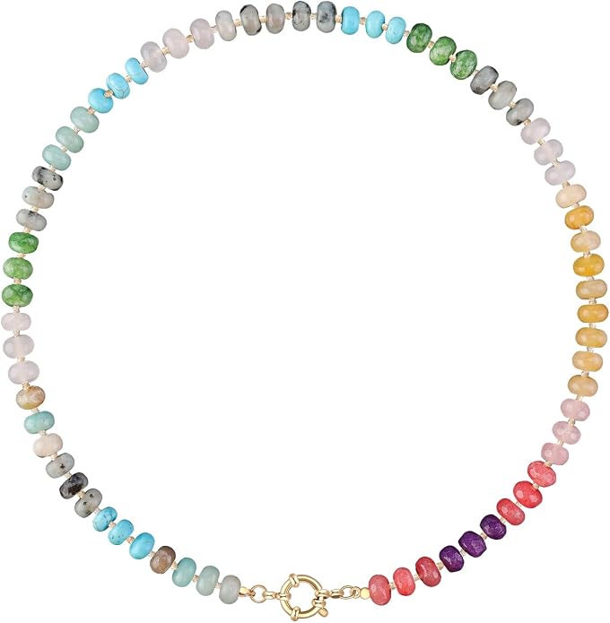 LALAPPLE Colorful Beaded Gemstone Necklace for Women, Boho Rainbow Bead Choker with Natural Stone Crystal Beads, Handmade Summer Beach Necklace Jewelry