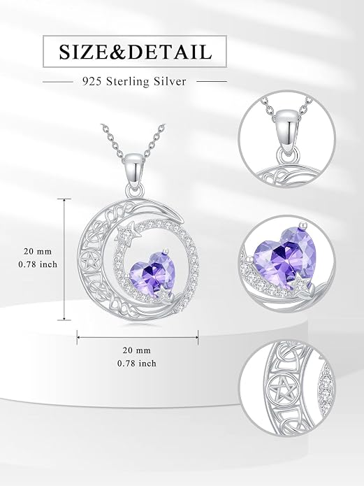 Dorunmo Heart Birthstone Necklace for Women 925 Sterling Silver Moon and Star Pendant Birthday Jewelry Gifts for Wife Her Daughter Mom