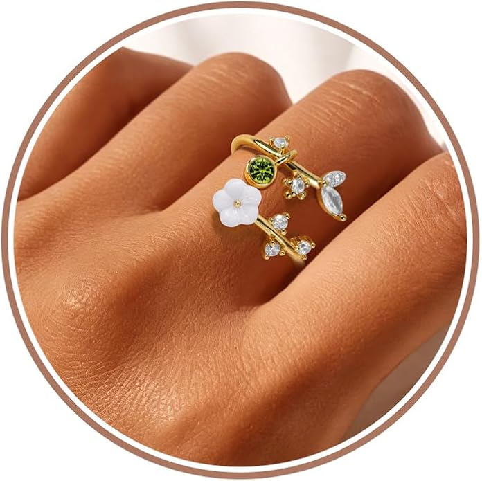 Gold Birthstone Rings for Women Non Tarnish Fashion Stackable Dainty 14KGold PlatedSilver/Rose Adjustable Emerald Green Ring Cubic Zirconia Gemstone Cute Pearl Shell Flower Promise Ring Engagement Birthday Gifts