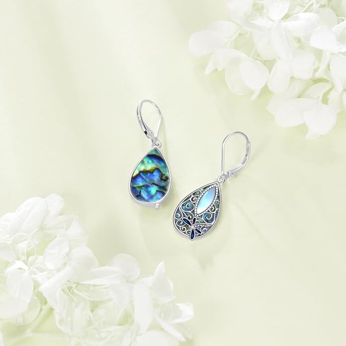 MONGAS Dragonfly Filigree Earrings Sterling Silver Moonstone Teardrop Abalone Drop Dangle Earrings Filigree Leverback Dragonfly Jewelry Gifts for Women